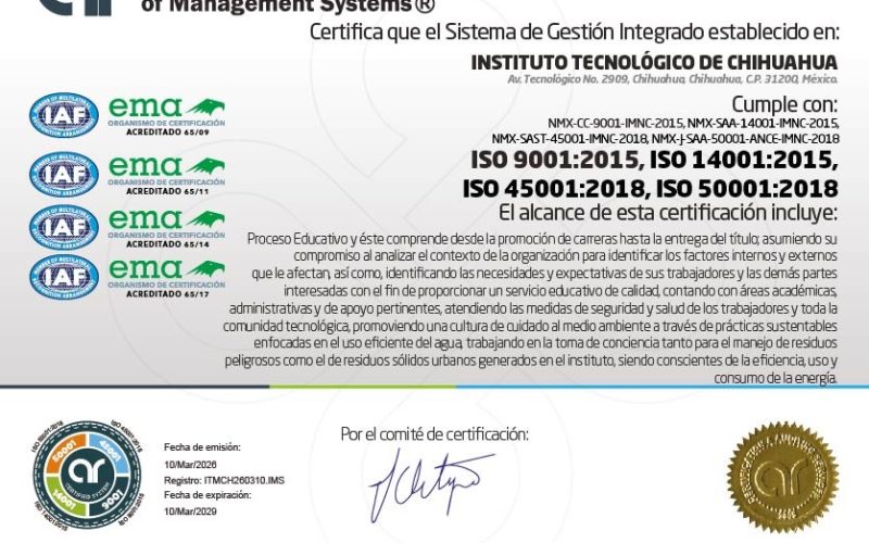 EL ITCH CELEBRA CON ORGULLO EL DICTAMEN FAVORABLE DE CERTIFICACIÓN DE NUESTRO SISTEMA DE GESTIÓN INTEGRADO